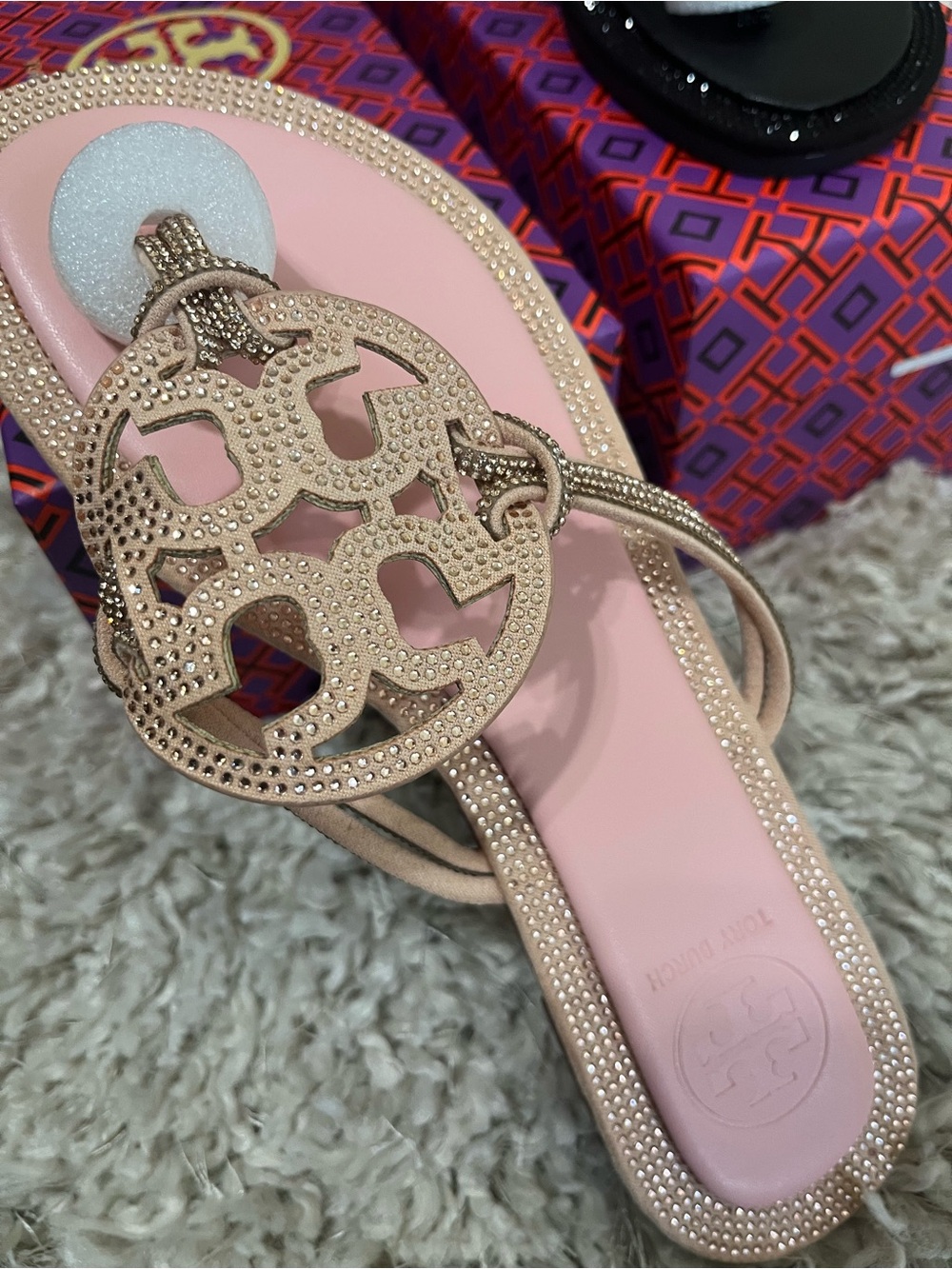 Tory Burch Blush Pink and Gold Crystal Logo Thong Sandal